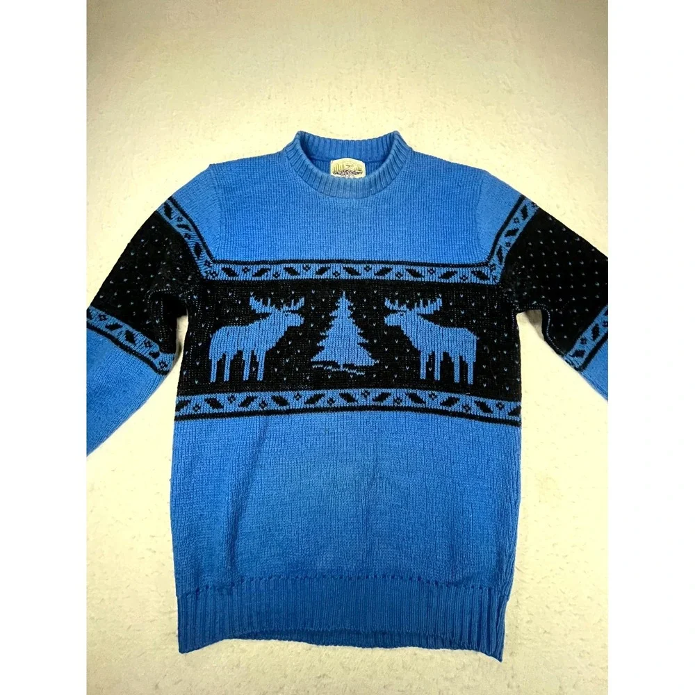 Vintage 80s ALPS Sweater Mens Medium Blue Black Wool Moose Reindeer Ski Nordic